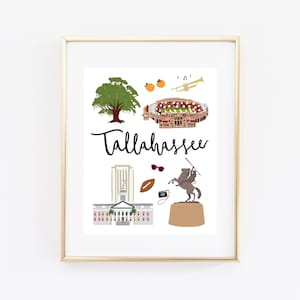 May include: A white print with illustrations of Tallahassee, Florida landmarks. The print features a football stadium, a tree, a building, a statue of a horse and rider, a trumpet, sunglasses, a football, and a camera. The text "Tallahassee" is written in black at the bottom of the print.
