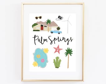Illustrated Palm Springs Art Print, Cute Palm Springs Map, Modern Palm Springs Decor, Palm Springs Gift, Wall Art, Cityscape, Travel Poster