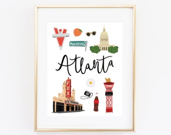 Illustrated Atlanta Georgia Art Print, Cute Atlanta Map, Modern Atlanta Decor, Atlanta Gift, Atlanta Wall Art, Cityscape, Travel Poster