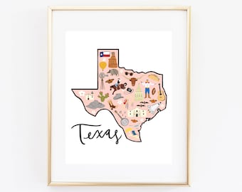 Illustrated Texas Art Print, Cute Texas Map Print, Modern Texas Decor, Unique Texas Gift, Texas Wall Art, Travel Poster, Cityscape