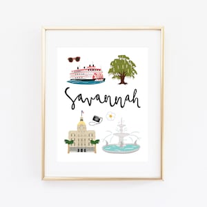 Illustrated Savannah Georgia Art Print, Cute Savannah Map, Modern Savannah Decor, Savannah Gift, Savannah Wall Art, Cityscape, Travel Poster