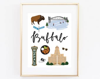 Illustrated Buffalo NY Art Print, Cute Buffalo Map Print, Modern Buffalo Decor, Buffalo Gift, Buffalo Wall Art, Cityscape, Travel Poster