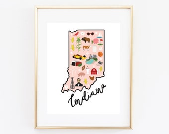 Illustrated Indiana Art Print, Cute Indiana Map Print, Modern Indiana Decor, Unique Indiana Gift, Indiana Wall Art, Cityscape, Travel Poster