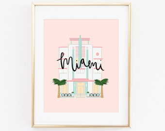 Illustrated Miami Art Deco Building Art Print, Cute Miami Beach Map, Modern Miami Decor, Miami Gift, Wall Art, Cityscape, Travel Poster