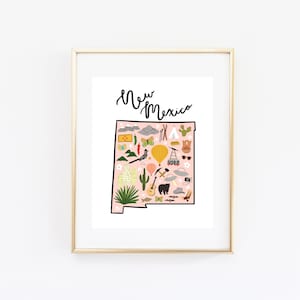 Illustrated New Mexico Art, Cute New Mexico Map Print, Modern NM Decor, Unique New Mexico Gift, New Mexico Wall Art, Travel Poster Cityscape