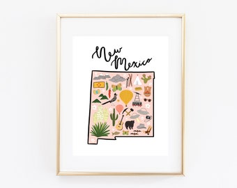 Illustrated New Mexico Art, Cute New Mexico Map Print, Modern NM Decor, Unique New Mexico Gift, New Mexico Wall Art, Travel Poster Cityscape