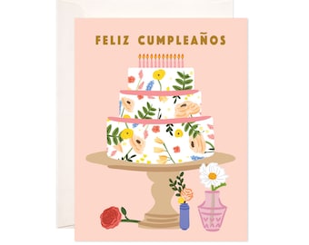 Cumpleaños Cake Greeting Card: Handmade Happy Birthday Card, Cute Birthday Card, Feliz Cumpleaño Card, Illustrated Spanish Greeting Card