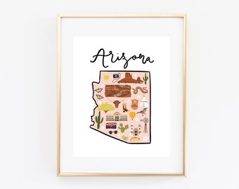 Illustrated Arizona Art Print, Cute Arizona Map Print, Modern Arizona Decor, Unique Arizona Gift, Arizona Wall Art, Cityscape, Travel Poster