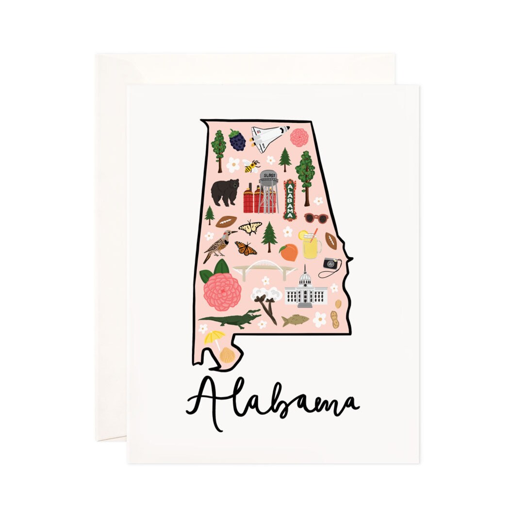 Alabama Map Card, Illustrated Alabama Greeting Card, Alabama Gift Etsy