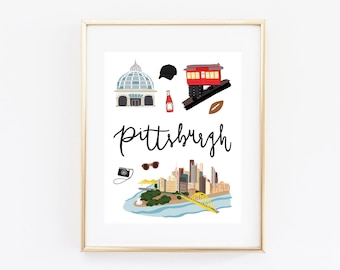 Pittsburgh Art Print, Illustrated Pittsburgh Decor, Cute Pittsburgh Wall Art, Modern Pittsburgh Map, Pittsburgh Gift Cityscape Travel Poster