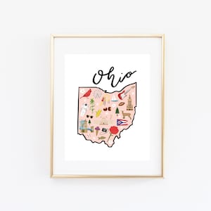 Illustrated Ohio Art Print, Cute Ohio Map Print, Modern Ohio Decor, Unique Ohio Gift, Ohio Wall Art, Travel Poster, Cityscape