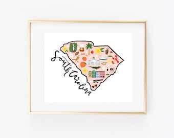 Illustrated South Carolina Art Print, Cute South Carolina Map, Modern South Carolina Decor, Unique South Carolina Gift, SC Wall Art