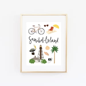 Sanibel Island FL Art Print, Illustrated Sanibel Island Decor, Cute Sanibel Island Wall Art, Map, Travel Gift, Modern Home Decor, Cityscape