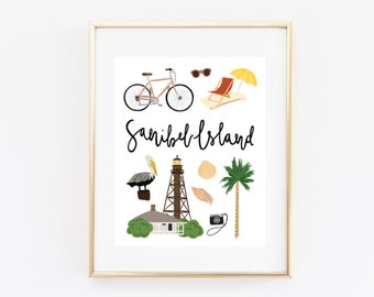 Sanibel Island FL Art Print, Illustrated Sanibel Island Decor, Cute Sanibel Island Wall Art, Map, Travel Gift, Modern Home Decor, Cityscape
