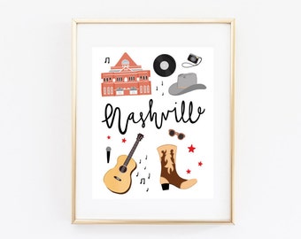 Illustrated Nashville Tennessee Art Print, Cute Nashville Map, Modern Nashville Decor, Nashville Gift, Wall Art, Cityscape Travel Poster