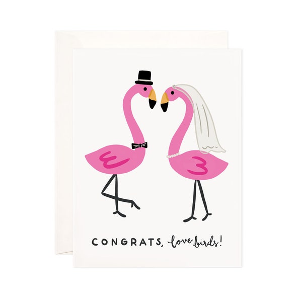 Lovebirds Wedding Congrats Greeting Card, Handmade Wedding Congratulations, Cute Wedding Note, Modern Wedding Card, Punny Wedding, Flamingos