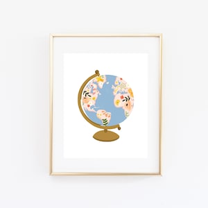 Illustrated Floral Globe Art Print, Cute Globe Print, Modern Travel Decor, Unique Wanderlust Gift, Globe Wall Art
