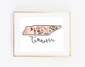 Illustrated Tennessee Art Print, Cute Tennessee Map Print, Modern Tennessee Decor, Unique Tennessee Gift, Tennessee Wall Art, Travel Poster