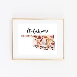 Illustrated Oklahoma Art, Cute Oklahoma Map Print, Modern Oklahoma Decor, Unique Oklahoma Gift, Oklahoma Wall Art, Travel Poster, Cityscape