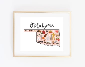 Illustrated Oklahoma Art, Cute Oklahoma Map Print, Modern Oklahoma Decor, Unique Oklahoma Gift, Oklahoma Wall Art, Travel Poster, Cityscape