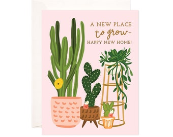 A New Place To Grow Greeting Card: Handmade Congratulations Card, Cute Housewarming Note, Plants Housewarming Card, Happy New Home