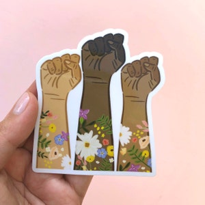 BLM Fists Vinyl Sticker, Modern Laptop Sticker, Cute Water Bottle Sticker, Floral Black Lives Matter Sticker, Whimsical Waterproof Sticker image 1