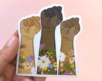 BLM Fists Vinyl Sticker, Modern Laptop Sticker, Cute Water Bottle Sticker, Floral Black Lives Matter Sticker, Whimsical Waterproof Sticker
