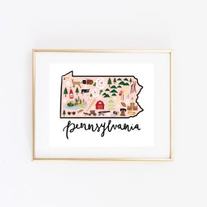Illustrated Pennsylvania Art, Cute Pennsylvania Map Print, Modern PA Decor, Unique Pennsylvania Gift, PA Wall Art, Travel Poster, Cityscape
