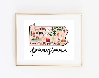 Arte ilustrado de Pensilvania, Linda impresión de mapa de Pensilvania, Decoración moderna de PA, Regalo único de Pensilvania, Arte de pared de PA, Póster de viaje, Paisaje urbano