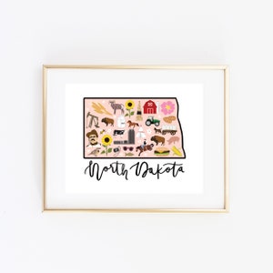 Illustrated North Dakota Art, Cute North Dakota Map Print, Modern ND Decor, Unique North Dakota Gift, ND Wall Art, Travel Poster, Cityscape