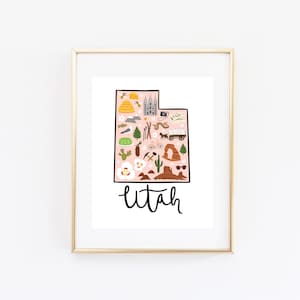 Illustrated Utah Art Print, Cute Utah Map Print, Modern Utah Decor, Unique Utah Gift, Utah Wall Art, Travel Poster, Cityscape