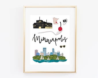 Illustrated Minneapolis Minnesota Art Print, Cute Minneapolis Map, Modern Minneapolis Decor, Gift, Wall Art, Cityscape, Travel Poster