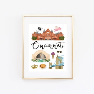 Illustrated Cincinnati Ohio Art Print, Cute Cincinnati Map, Modern Cincinnati Decor, Cincinnati Gift, Wall Art, Cityscape, Travel Poster