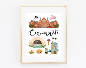 Illustrated Cincinnati Ohio Art Print, Cute Cincinnati Map, Modern Cincinnati Decor, Cincinnati Gift, Wall Art, Cityscape, Travel Poster