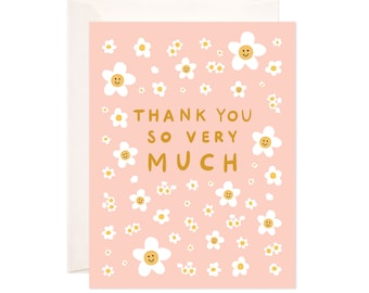 Flower Smile Thanks Greeting Card, Handmade Thank You Card, Cute Thank You Note, Modern Thank You Card, Illustrated Card, Whimsical