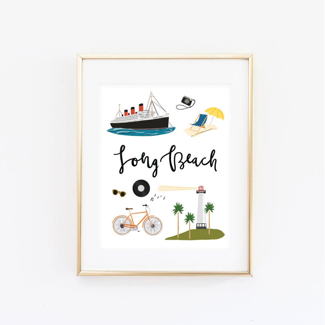Illustrated Long Beach Art Print, Cute Long Beach Map, Modern Long