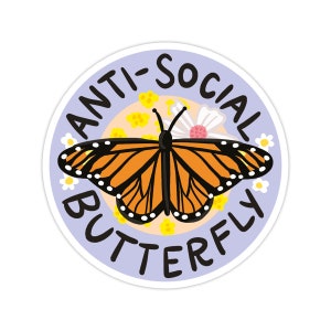 Anti-Social Butterfly Sticker, Modern Laptop Sticker, Cute Water Bottle Sticker, Unique Cell Phone Sticker, Whimsical Waterproof Sticker