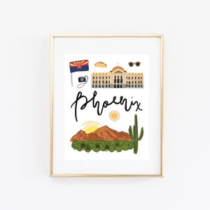 Illustrated Phoenix Arizona Art Print, Cute Phoenix Map Print, Modern Phoenix Decor, Phoenix Gift, Phoenix Wall Art, Cityscape Travel Poster