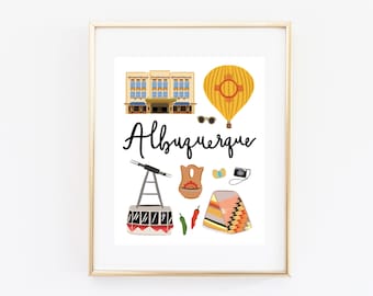 Albuquerque New Mexico Art Print, Albuquerque Decor, Cute Albuquerque Wall Art, Albuquerque Map, Travel Gift, Cityscape, Modern Home Decor