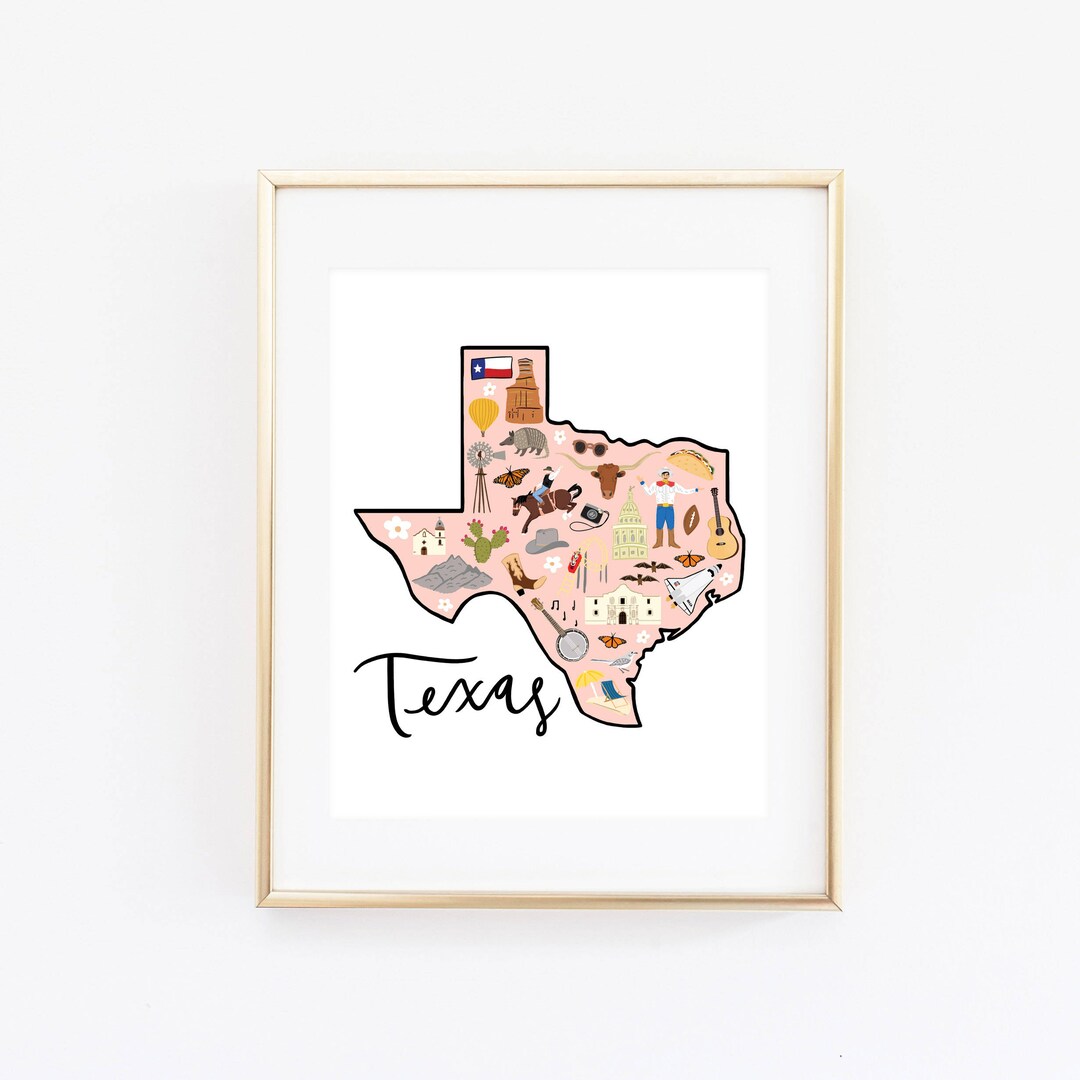 Illustrated Texas Art Print Cute Texas Map Print Modern - Etsy