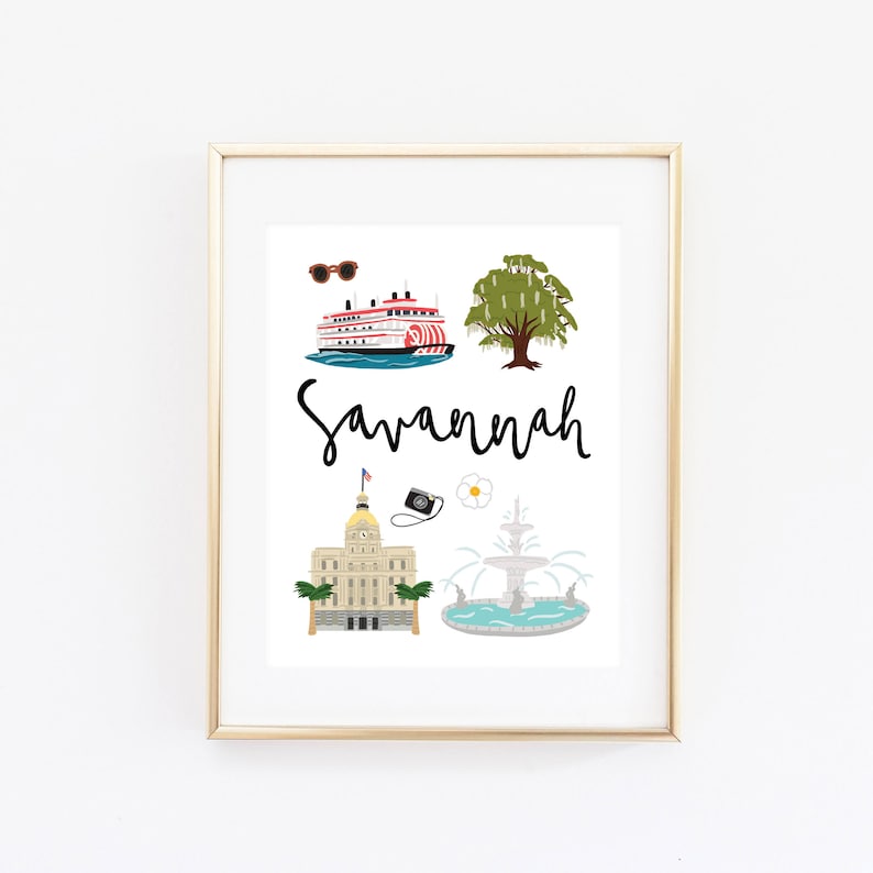 Illustrated Savannah Georgia Art Print, Cute Savannah Map, Modern Savannah Decor, Savannah Gift, Savannah Wall Art, Cityscape, Travel Poster image 1