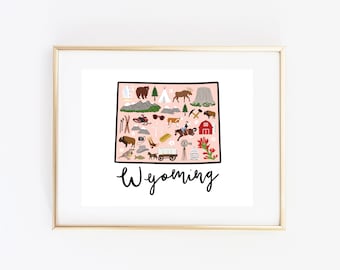 Illustrated Wyoming Art Print, Cute Wyoming Map Print, Modern Wyoming Decor, Unique Wyoming Gift, Wyoming Wall Art, Travel Poster, Cityscape