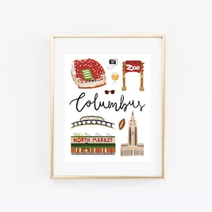 Illustrated Columbus Ohio Art Print, Cute Columbus Map, Modern Columbus Decor, Columbus OH Gift, Columbus Wall Art, Cityscape, Travel Poster