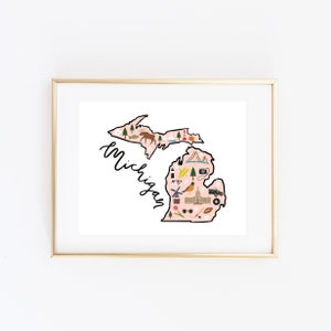 Illustrated Michigan Art Print, Cute Michigan Map Print, Modern Michigan Decor, Unique Michigan Gift, Michigan Wall Art, Travel Poster