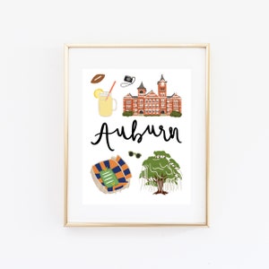 Illustrated Auburn Alabama Art Print, Cute Auburn Map Print, Modern Auburn Decor, Auburn Gift, Auburn Wall Art, Cityscape, Travel Poster