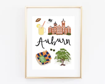 Illustrated Auburn Alabama Art Print, Cute Auburn Map Print, Modern Auburn Decor, Auburn Gift, Auburn Wall Art, Cityscape, Travel Poster