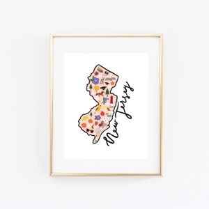 Illustrated New Jersey Art Print, Cute New Jersey Map Print, Modern New Jersey Decor, Unique New Jersey Gift, New Jersey Wall Art, Travel