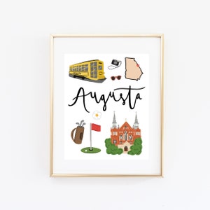 Illustrated Augusta Georgia Art Print, Cute Augusta Map Print, Modern Augusta Decor, Augusta Gift, Augusta Wall Art, Cityscape Travel Poster