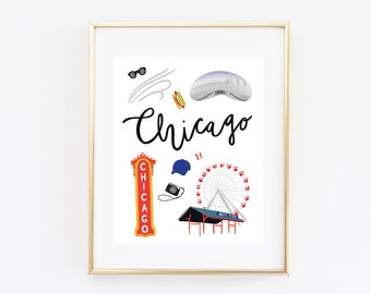 Illustrated Chicago Illinois Art Print, Cute Chicago Map, Modern Chicago Decor, Chicago Gift, Chicago Wall Art, Cityscape, Travel Poster