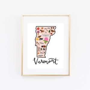 Illustrated Vermont Art Print, Cute Vermont Map Print, Modern Vermont Decor, Unique Vermont Gift, Vermont Wall Art, Travel Poster, Cityscape